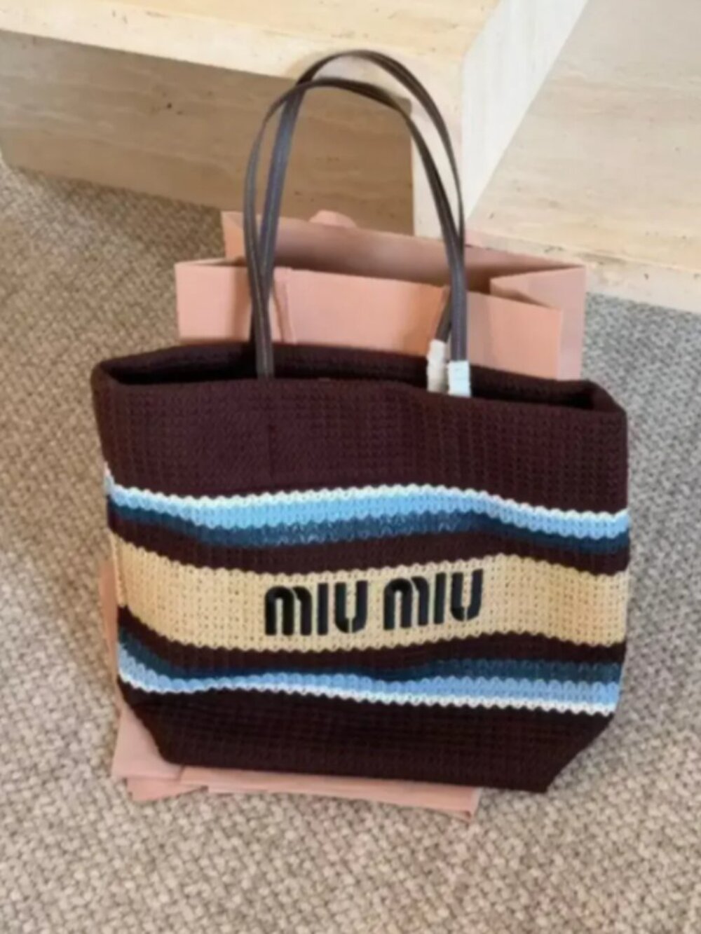 Miu Miu Brown Crochet Stripe Tote Bag